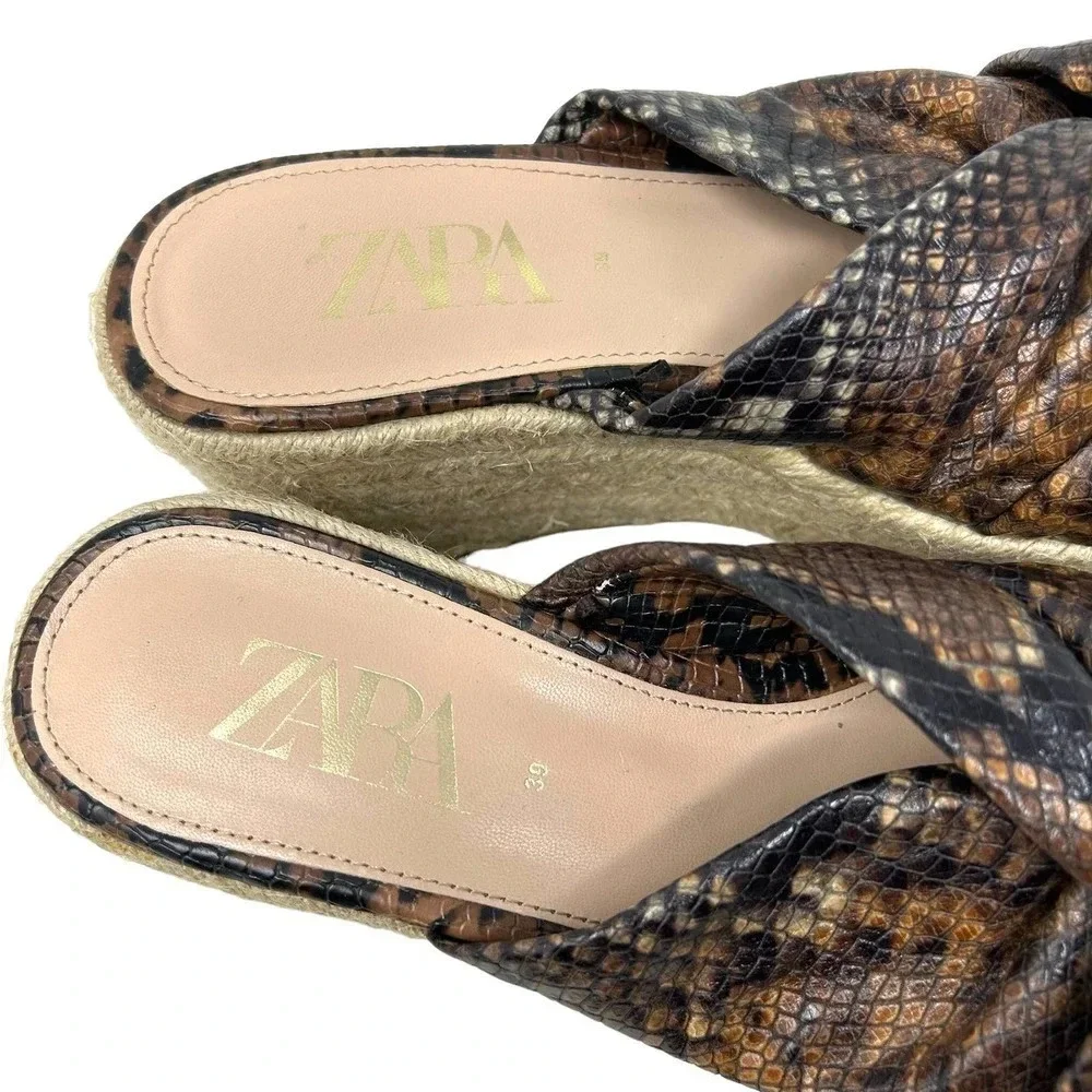 Zara Brown Snakeskin Jute Espadrille Platform Slide Sandals Size 39 /‎ US 8.5